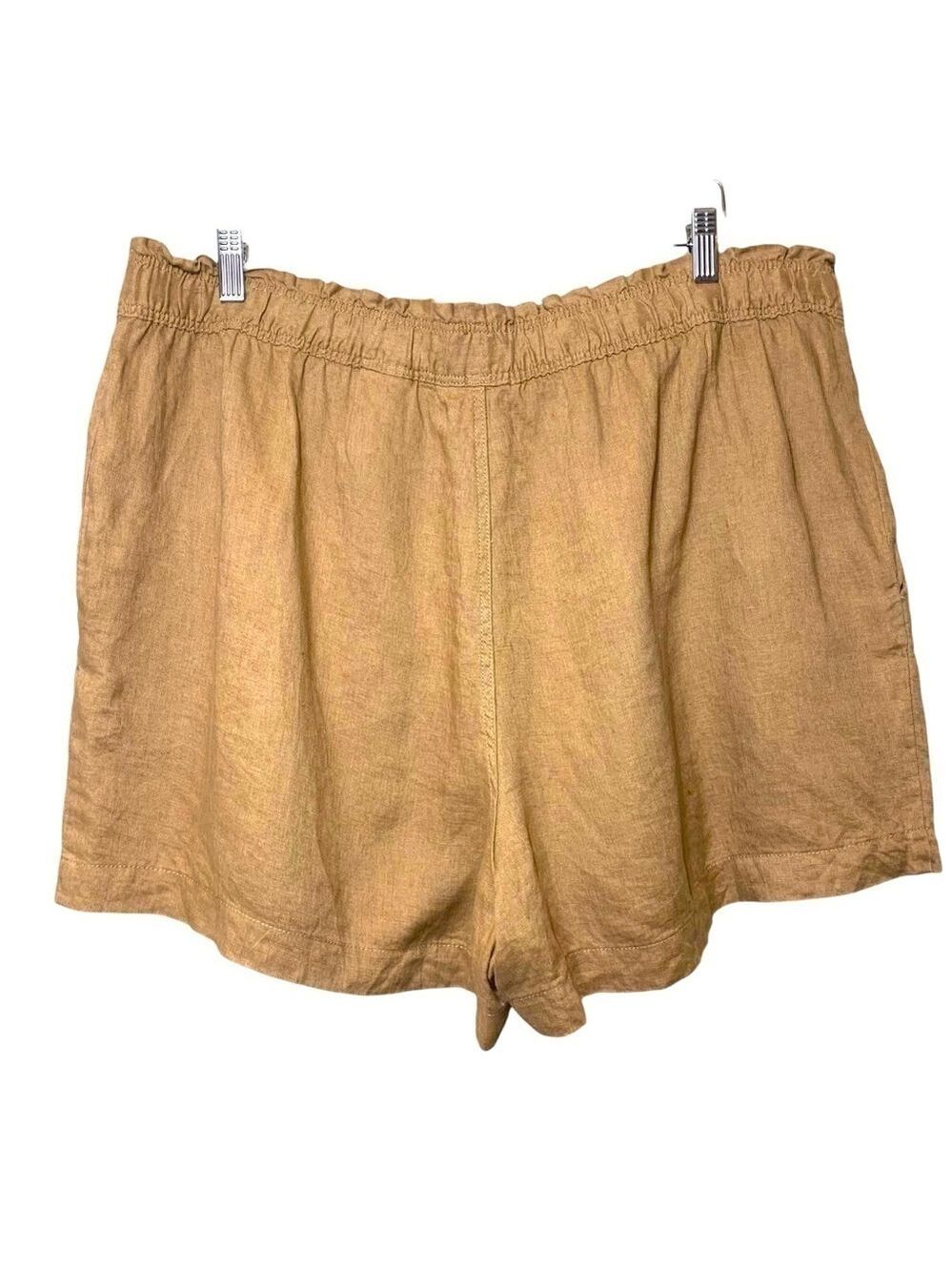 High Waisted Linen Shorts XXL Brown Tan Relax Fit Elastic Waist Pull on Bermuda